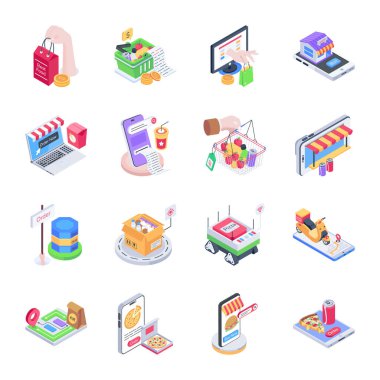 İzometrik alışveriş seti ve e-ticaret simgeleri. izole vektör illüstrasyonu