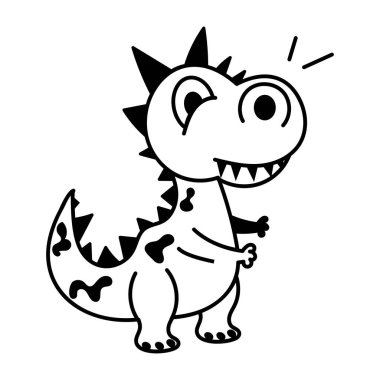 Beyaz, siyah ve beyaz vektör illüstrasyonunda izole edilmiş karikatür dinozor karakteri 