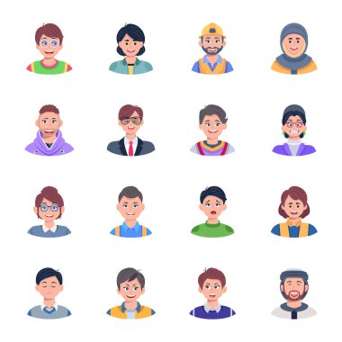 Çeşitli insanları temsil eden, her biri farklı poziyon ve rollerde olan, çeşitliliği ve insan etkileşimini basit ve temiz bir tasarım ile gösteren bir vektör simgeleri koleksiyonu..