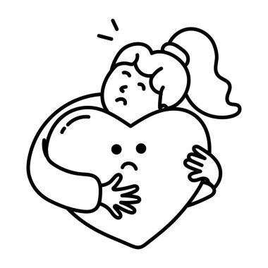 Üzgün çizgi film kızı kocaman bir kalbe sarılıyor. 