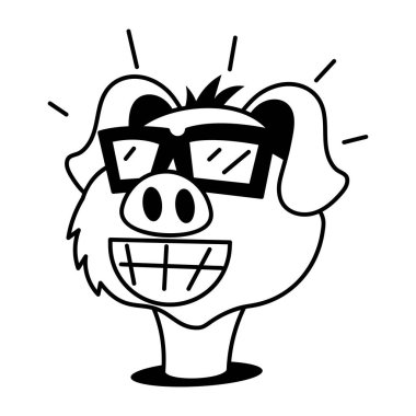 Güneş gözlüklü sevimli, gülümseyen domuz karakteri, çocuklar için siyah-beyaz renkli. 