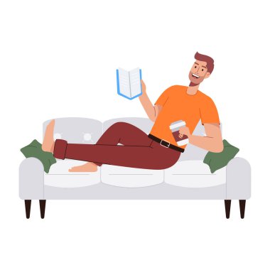 İnsanların yatak odasında kanepede dinlendiğini gösteren karikatür çizimi.