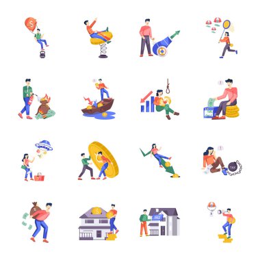 Farklı aktivitelere sahip insanların renkli karakterleri, beyaz arkaplan üzerine kurulmuş vektör 