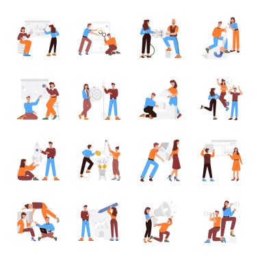 İş yerindeki iş çiftlerinin renkli karakterleri, beyaz arkaplanda vektör belirlendi