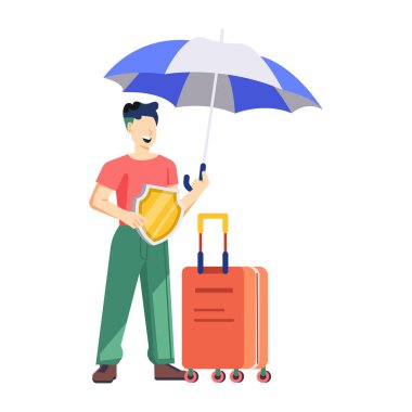Bavulu ve şemsiyesi olan genç bir adamın renkli çizimi, seyahat konsepti. 
