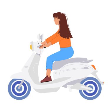Beyaz arka planda motosiklet süren kadın. 