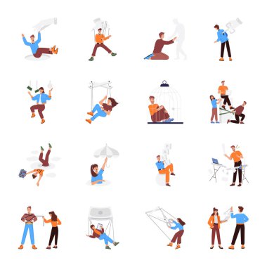 Farklı aktivitelere sahip insanların renkli karakterleri, beyaz arkaplan üzerine kurulmuş vektör 