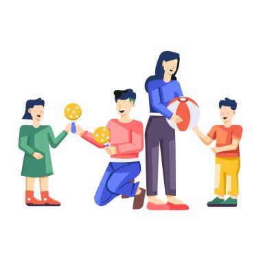 Anne ve babanın çocuklarla oynadığı renkli çizgi film tasviri. 