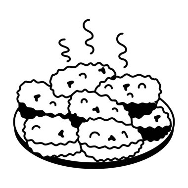 Tabakta lezzetli kurabiyeler, siyah beyaz çizimler.