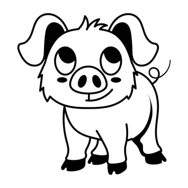 Sevimli çizgi film karakteri yukarı bakıyor, çocuklar için siyah-beyaz renkli. 