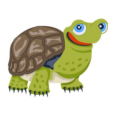 Şirin karikatür kaplumbağası, beyaz arkaplanda renkli çizimler.