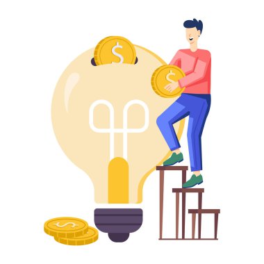 Kitle fonlaması ya da sponsorluk konsepti. Madeni parayla ayakta duran ve fikir veya başlangıç için yatırım yapan genç adam, vektör illüstrasyonu