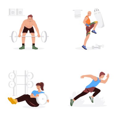 Spor salonunda renkli erkek ve kadın antrenmanları. 