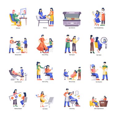 İnsanların renkli karakterleri, güzellik ve spa konsepti, beyaz arkaplan üzerine kurulmuş vektör