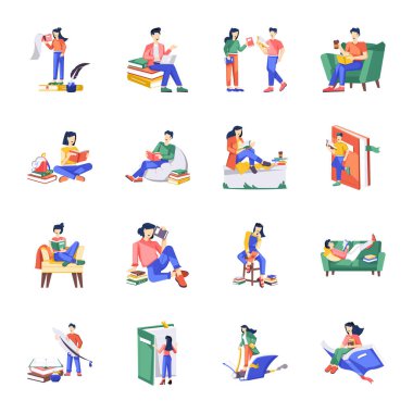 Kitapları, renkli çizimleri olan farklı insanlar.