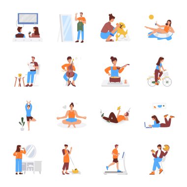 Hobileri olan insanların renkli karakterleri, tatil konsepti, beyaz arka planda vektör seti