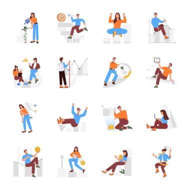 Farklı aktivitelere sahip insanların renkli karakterleri, beyaz arkaplan üzerine kurulmuş vektör 