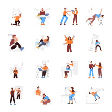 Farklı aktivitelere sahip insanların renkli karakterleri, beyaz arkaplan üzerine kurulmuş vektör 