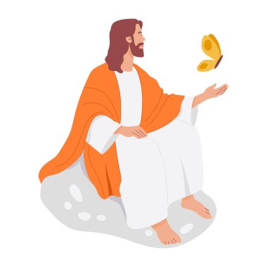 İsa ve Kelebek, Beyaz Arkaplanda Renkli Çizgi Film Çizimleri 