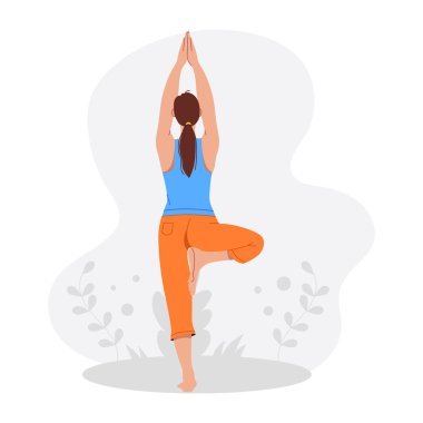 Yoga yapan genç bir kadının vektör düz çizimi