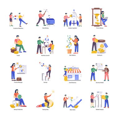 düz tasarım vektör çizimleri, insan ve etkinlikler kümesi.