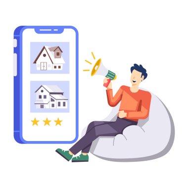 Mobil uygulamalı mobil uygulama için internetten alan adam. vektör illüstrasyonu.