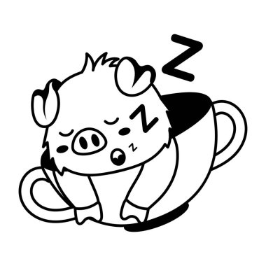 Tatlı çizgi film karakteri. Çocuklar için siyah beyaz bir bardakta uyuyor. 