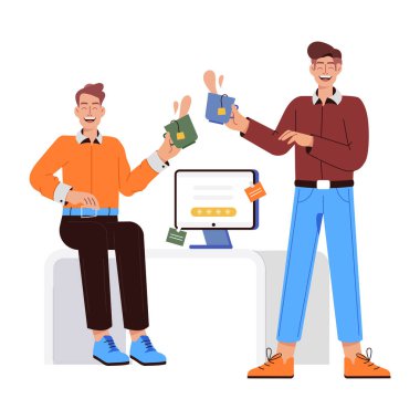 Cüzdanı ve kredi kartı çizimi olan adamlar.