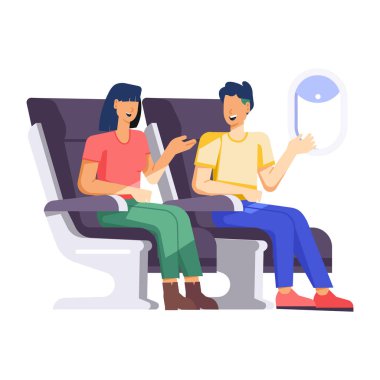 Genç çift sandalyede oturuyor ve akıllı telefon kullanıyor.