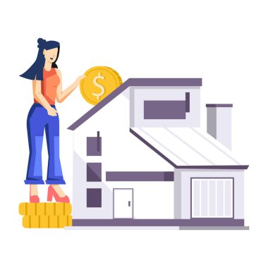 Paralı genç kadın ve domuzcuk banka vektör çizimi tasarımı