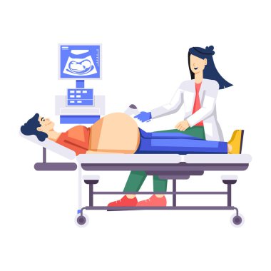 Doktor ultrason vektör illüstrasyonuyla hastayı muayene ediyor..