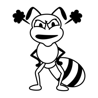 Kızgın ağızlık takan, beyaz arka plandaki çocuklar için siyah beyaz çizgi film boyama kitabı olan sevimli bir böcek. 