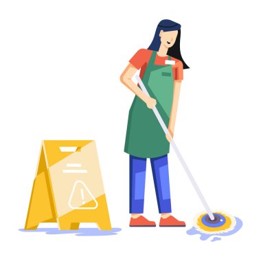 Ev hanımı ve süpürge düz vektörü olan bir adam.