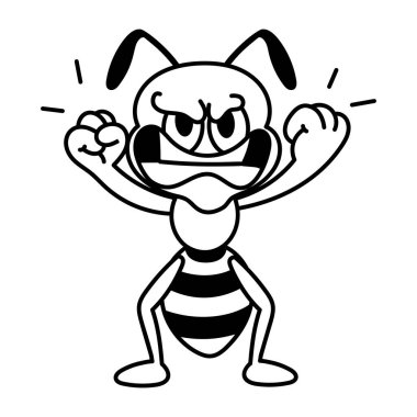 Öfkeli ağızlık takan sevimli böcek beyaz arka plandaki çocuklar için siyah beyaz çizgi film boyama kitabı. 