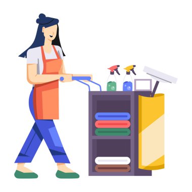 Elektrik süpürgesi olan kadın karakter, vektör illüstrasyonu