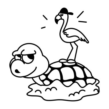 Küçük flamingolu, siyah beyaz resimli şirin bir kaplumbağa. 