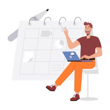 Genç adam ofisinde oturuyor ve dizüstü bilgisayarını tutuyor.