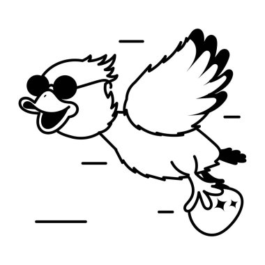 Güneş gözlüklü şirin kuş gökyüzünde uçuyor, beyaz arka plandaki çocuklar için siyah beyaz çizgi film boyama kitabı 