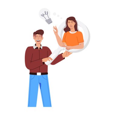 Genç bir insanın vektör çizimi ofiste oturmuş, bir fikri tartışıyor..