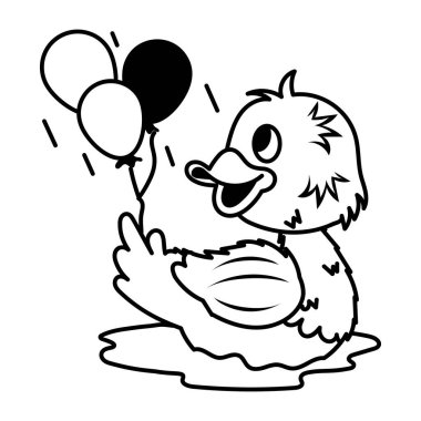 Su birikintisinde balonları olan sevimli kuş, beyaz arka planda çocuklar için siyah beyaz çizgi film boyama kitabı 