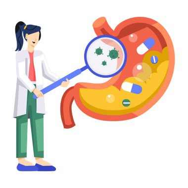 Vektör çizimi. Midesi olan doktor, haplı steteskop..