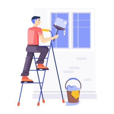 Duvarı tekerlekli fırçayla boyayan adam.