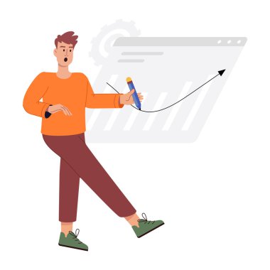 Dizüstü bilgisayarı olan genç bir adam. Dizüstü bilgisayarı ve akıllı telefonu olan bir adamın düz vektör çizimi.