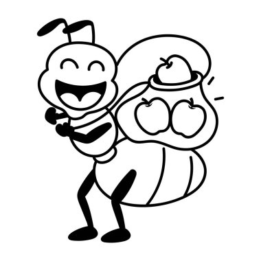 Beyaz arka planda elma dolu çanta taşıyan sevimli çizgi film arısı. 