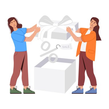 İki genç kız elleriyle bir hediye kutusu tutuyorlar. Beyaz arkaplanda düz biçim vektör çizimi.