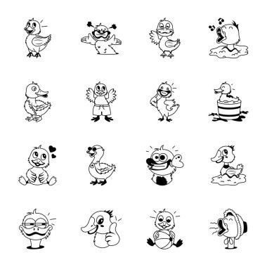 Çizgi film karakterlerinin vektör kümesi. siyah ve beyaz 