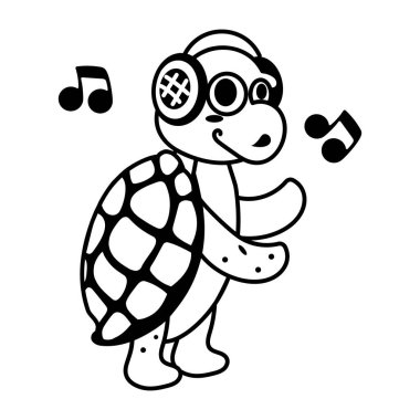 Komik kaplumbağa müzik karikatürü listelemesi. Karalama biçiminde vektör illüstrasyonu