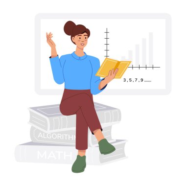 Dizüstü bilgisayarı ve elması olan beyaz üniformalı genç bayan öğretmen. Genç bir kadın bilgisayar okuyor. vektör illüstrasyonu.