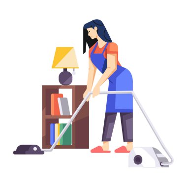 Elektrikli süpürgesi olan genç temizlikçi kadın.