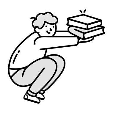 Kitapları tutan çocuk, beyaz arka plandaki kitapların çizimi.